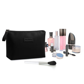 MAANGE makeup items arranged around pouch showing versatile storage capacity