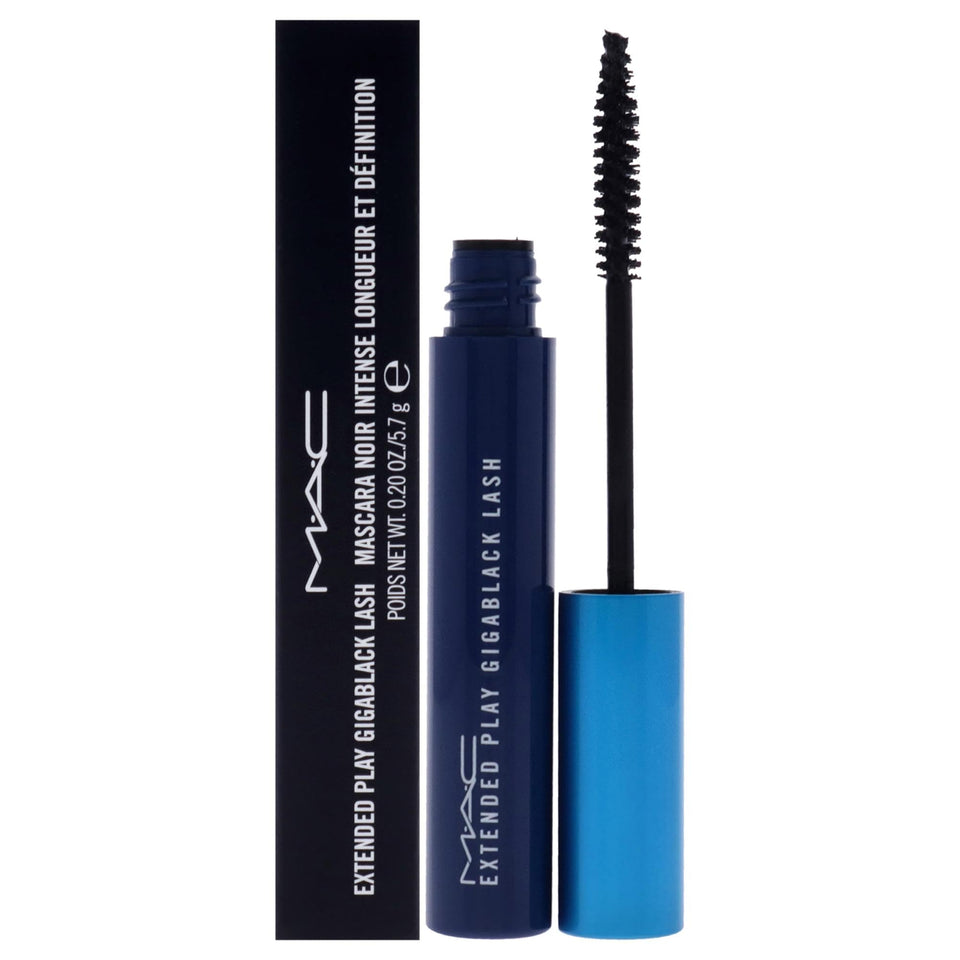 MAC Extended Play Gigablack front packaging showing tube and label, clear product ID and benefit