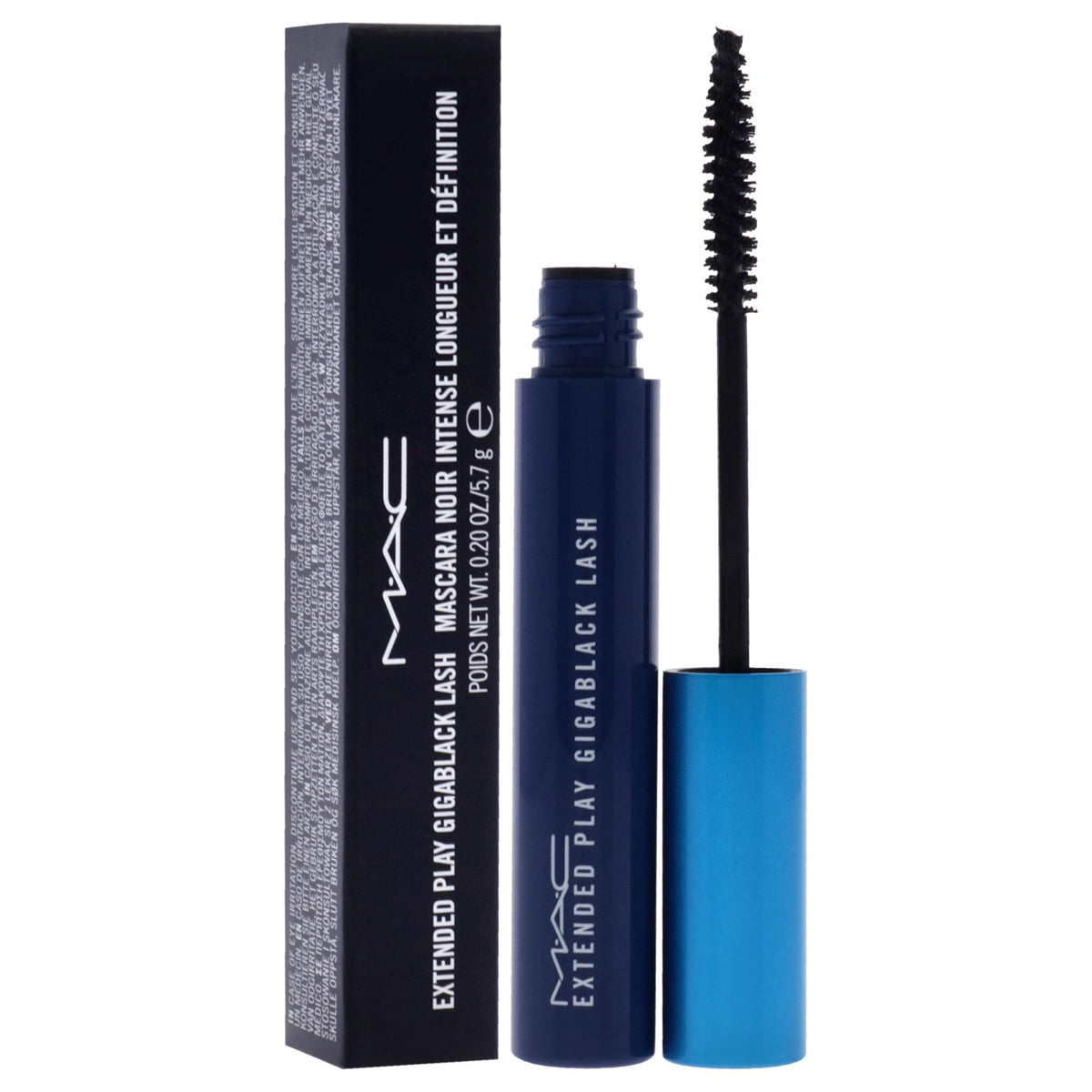 MAC before and after lash swatch demonstrating lengthening and intense jet-black payoff