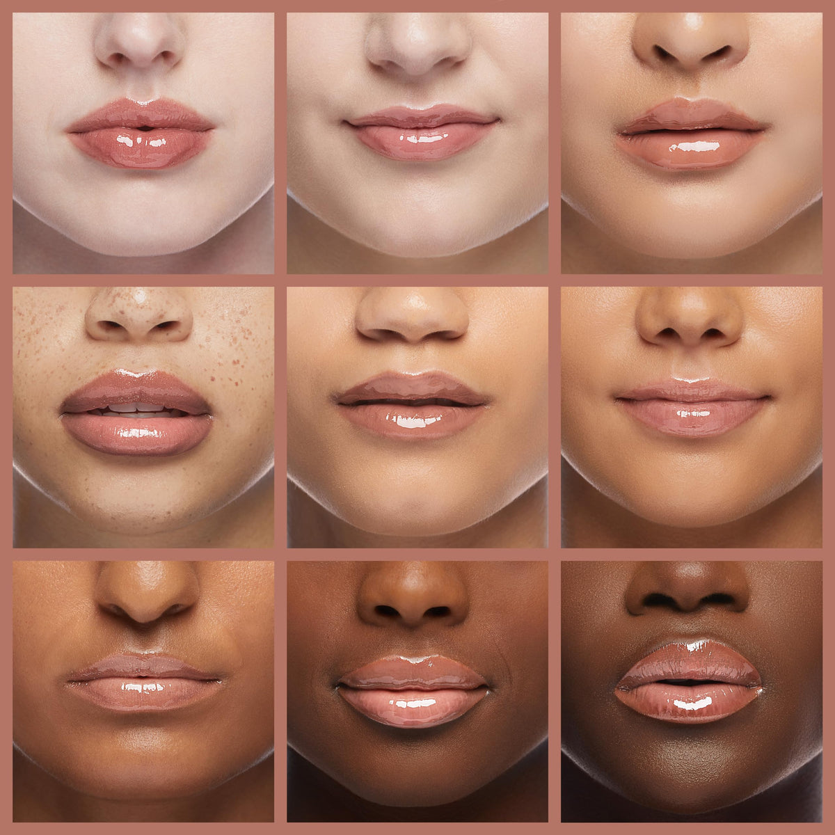 Model wearing MAC Lipglass Oh Baby showing glossy, conditioned lips benefit