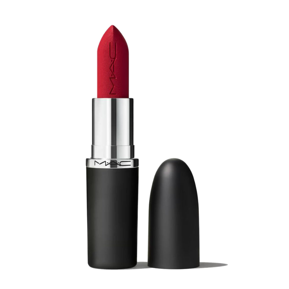 MAC Macximal Ruby Woo front packaging showing bold red shade and sleek case benefit lasting color