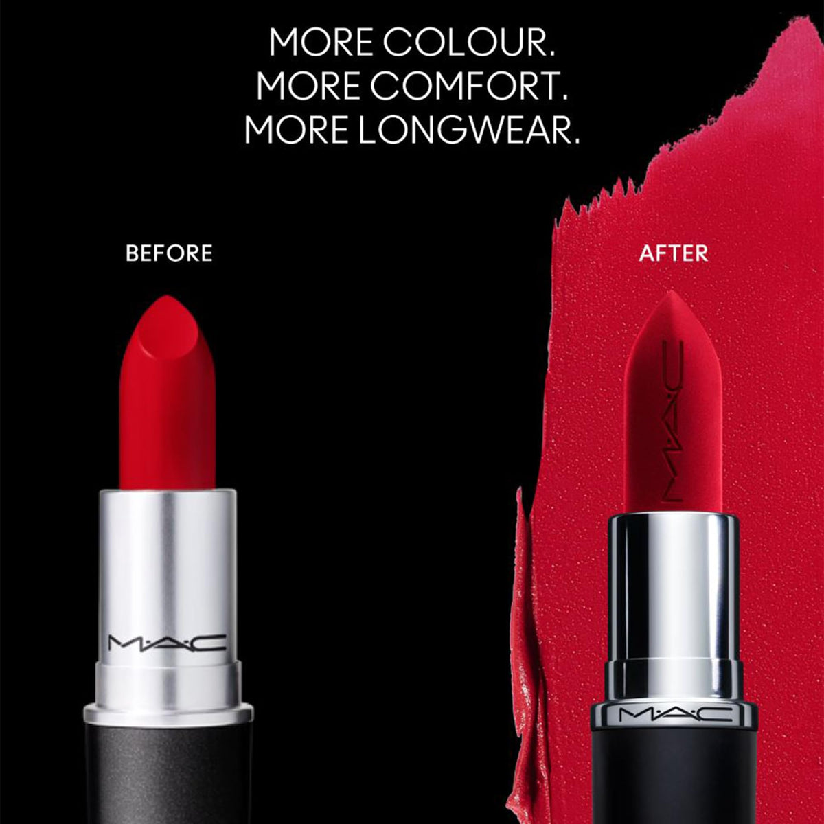MAC Macximal Ruby Woo worn in an evening setting showing styled look and confidence benefit statement red