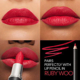 MAC Macximal Ruby Woo texture swipe on arm showing pigment payoff and satin-matte benefit color intensity