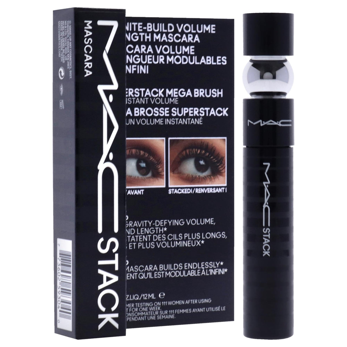 MAC Stack mascara application on lashes demonstrating buildable volume benefit