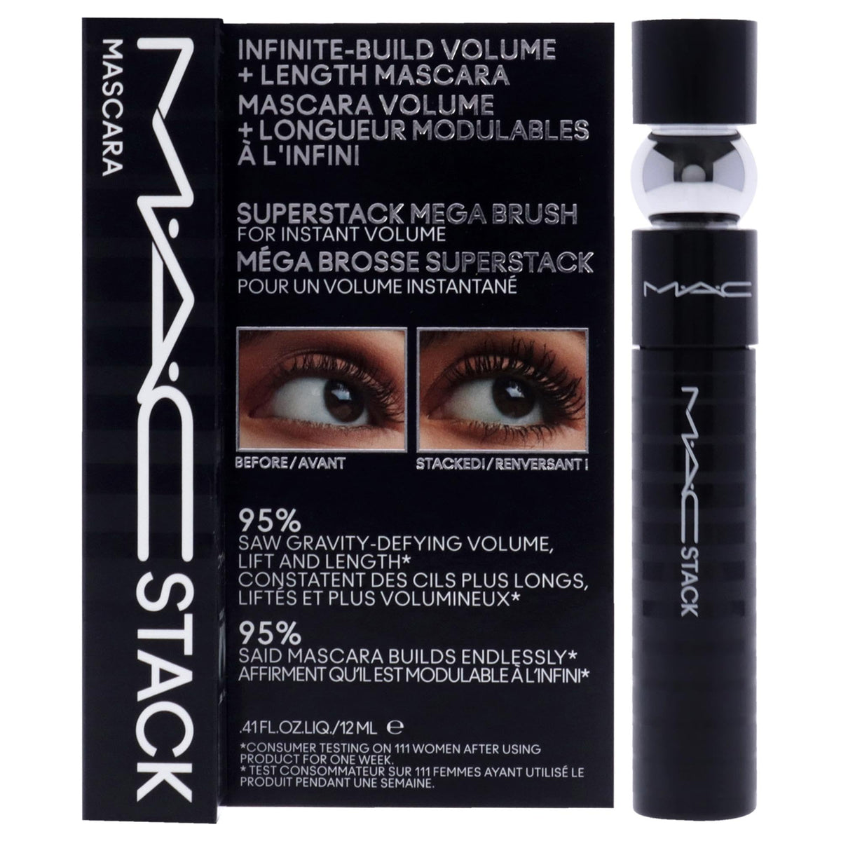 MAC Stack mascara front packaging showing product and label, clear benefit