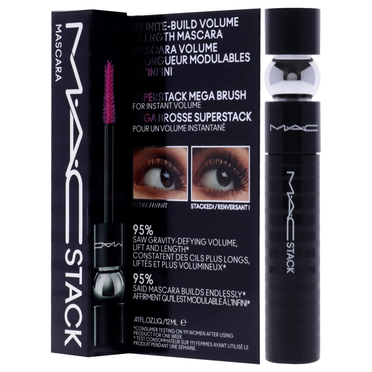 MAC Stack tube held in hand to show scale and ergonomic brush benefit