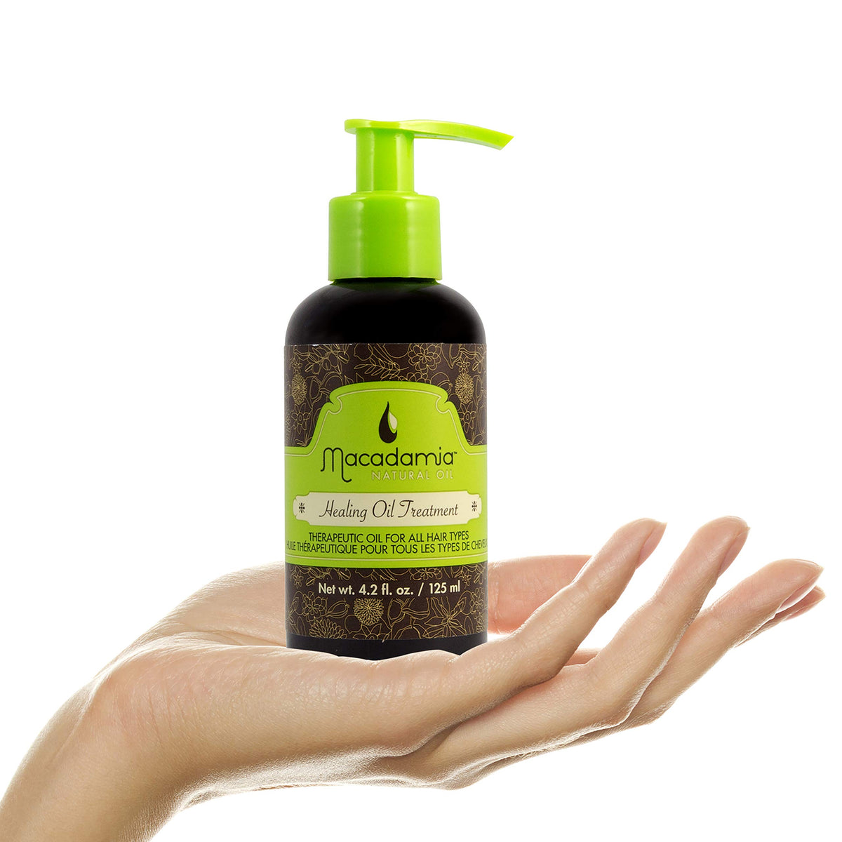 Macadamia Natural Oil size comparison 4.2 oz placed beside common items for scale clarity