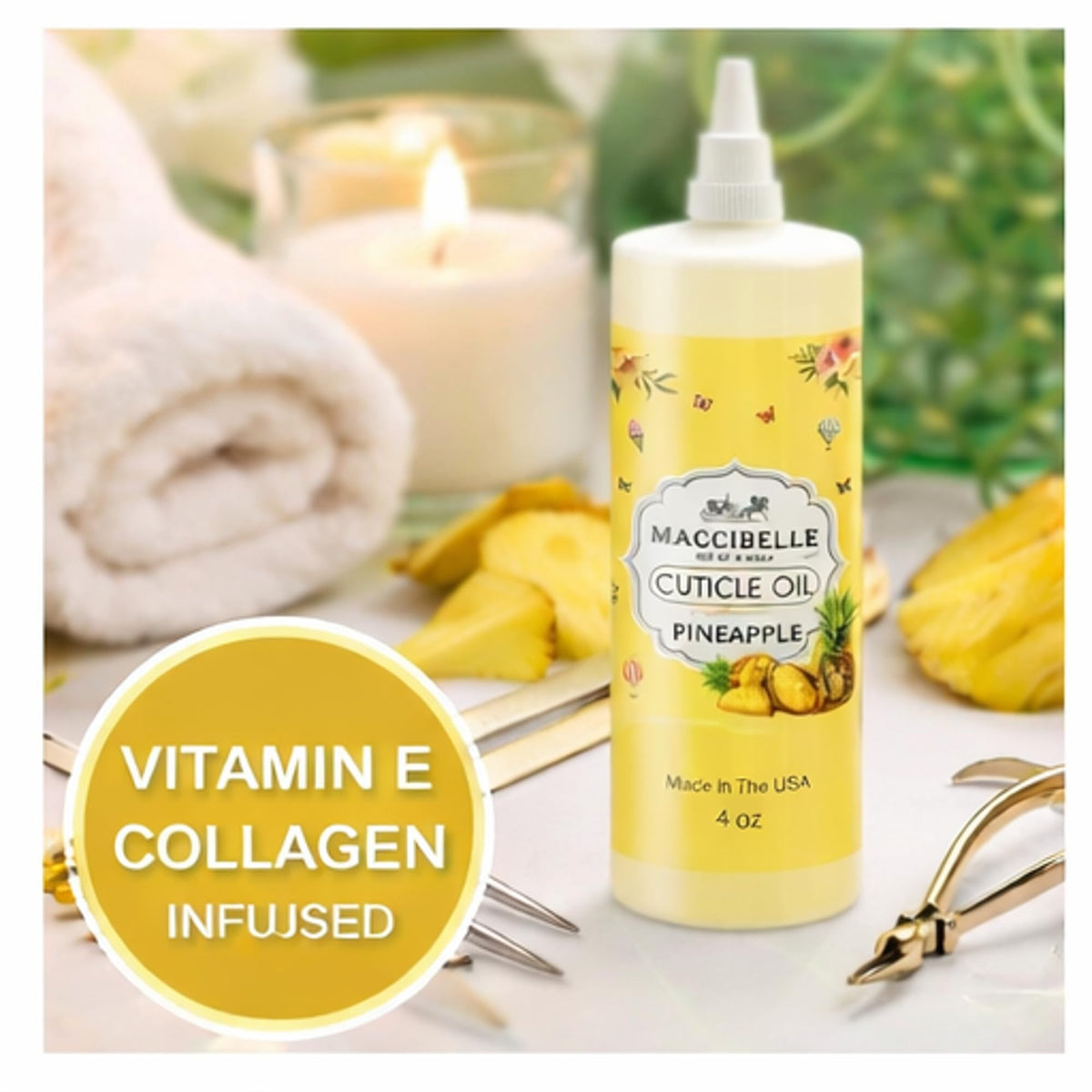 Maccibelle on hands beside pineapple fruit, fresh scent enhances routine