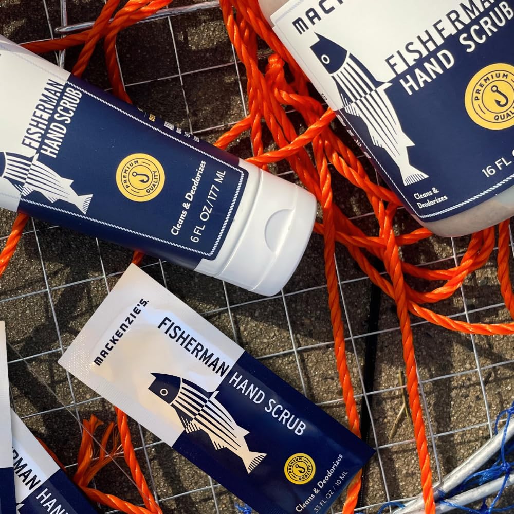 MacKenzie's lifestyle shot on a dock with fishing gear, highlighting outdoor and fisherman benefit