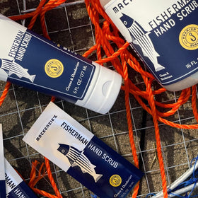 MacKenzie's lifestyle shot on a dock with fishing gear, highlighting outdoor and fisherman benefit