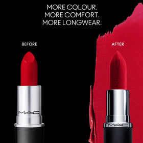 MAC lipstick applied to lips demonstrating even coverage and non-feathering edges
