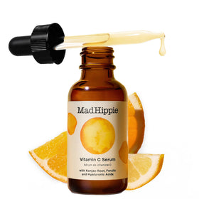 Mad Hippie bottle front view showing label and compact 1.02 fl oz size, clear branding benefit