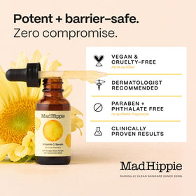 Lifestyle image of Mad Hippie serum outdoors in sunlight to illustrate antioxidant protection benefit