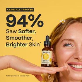 Mad Hippie Vitamin C serum close-up showing pump head and travel-friendly size benefit