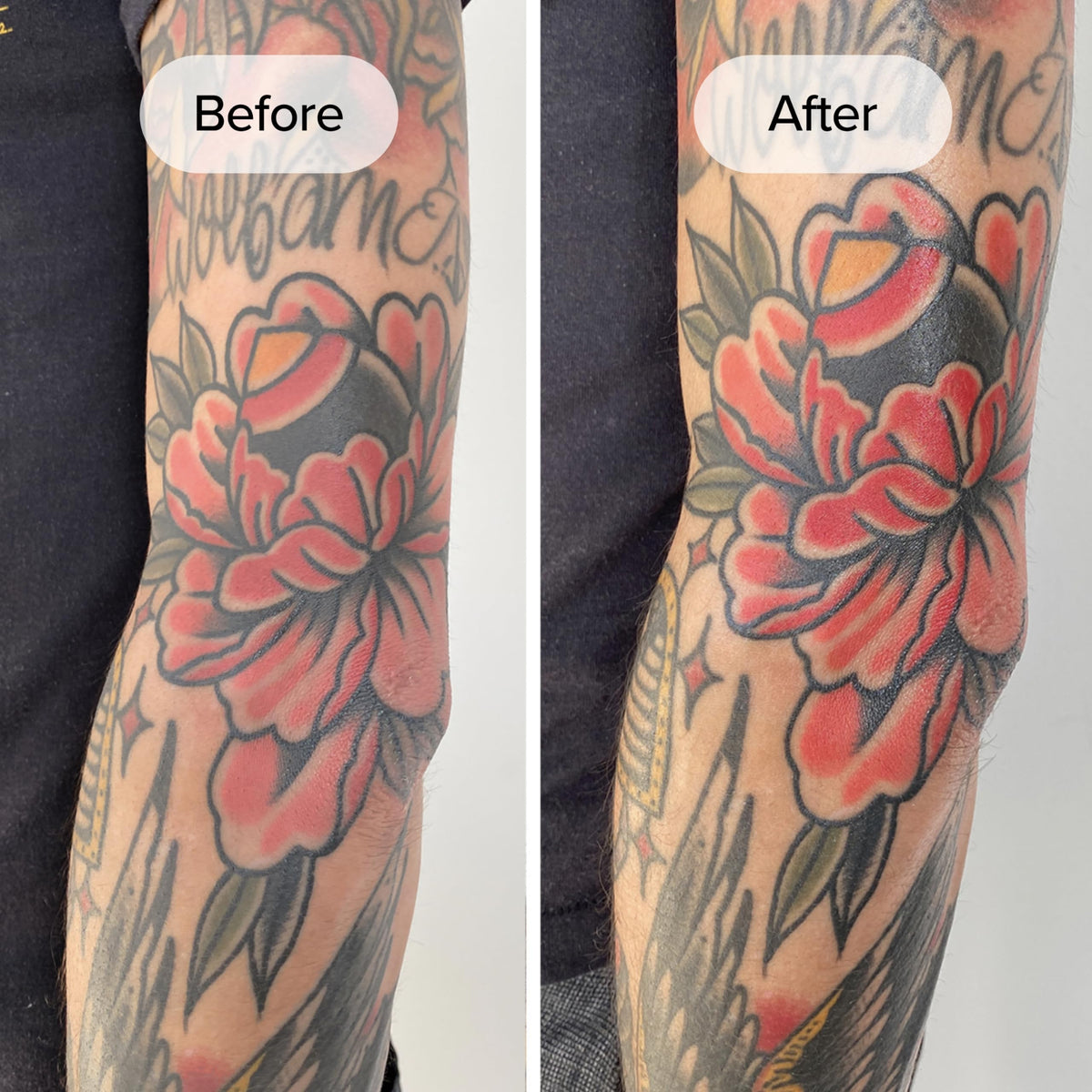 Mad Rabbit balm stick being applied to a tattoo to enhance color and hydration