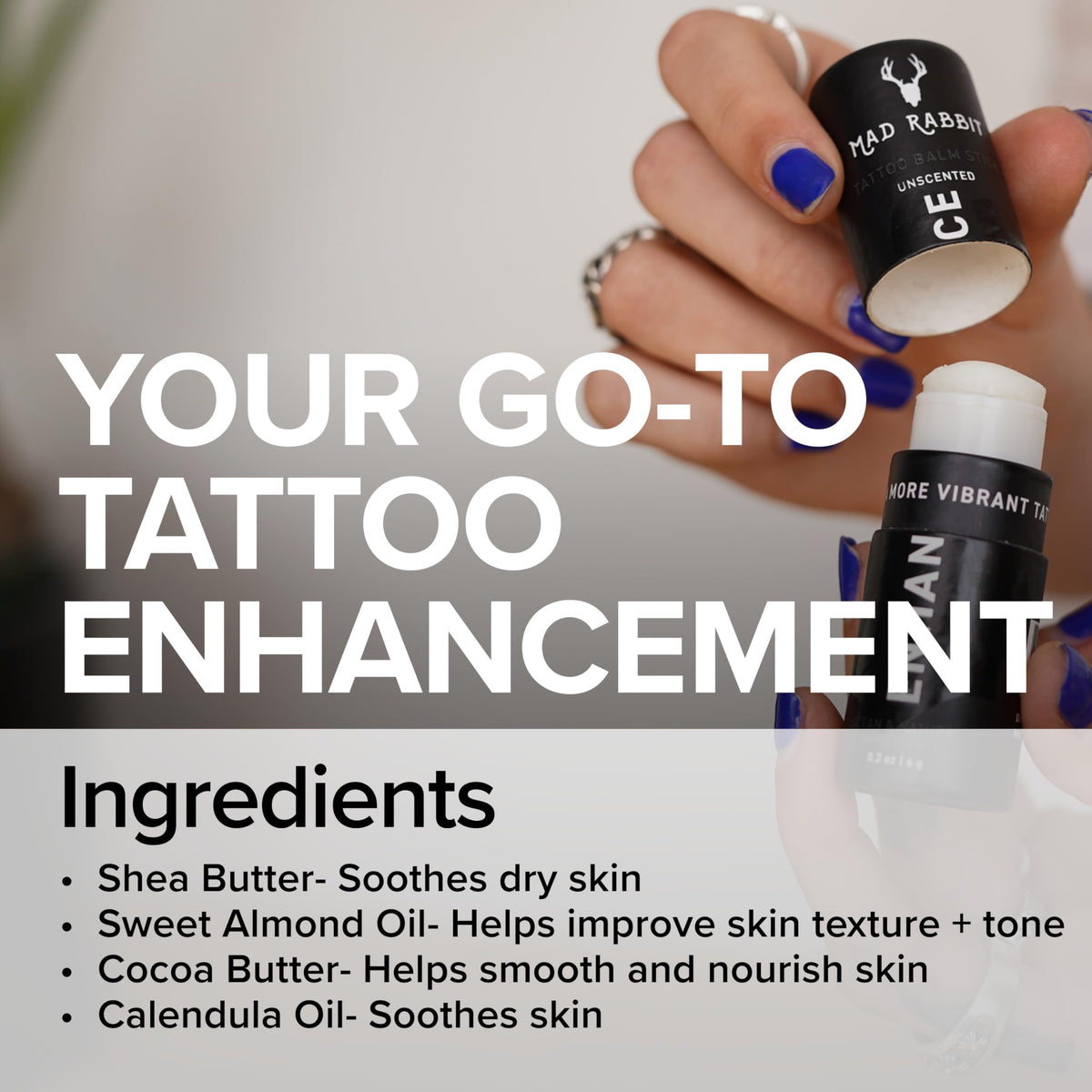 Mad Rabbit balm stick cap removed and twist mechanism visible for easy application