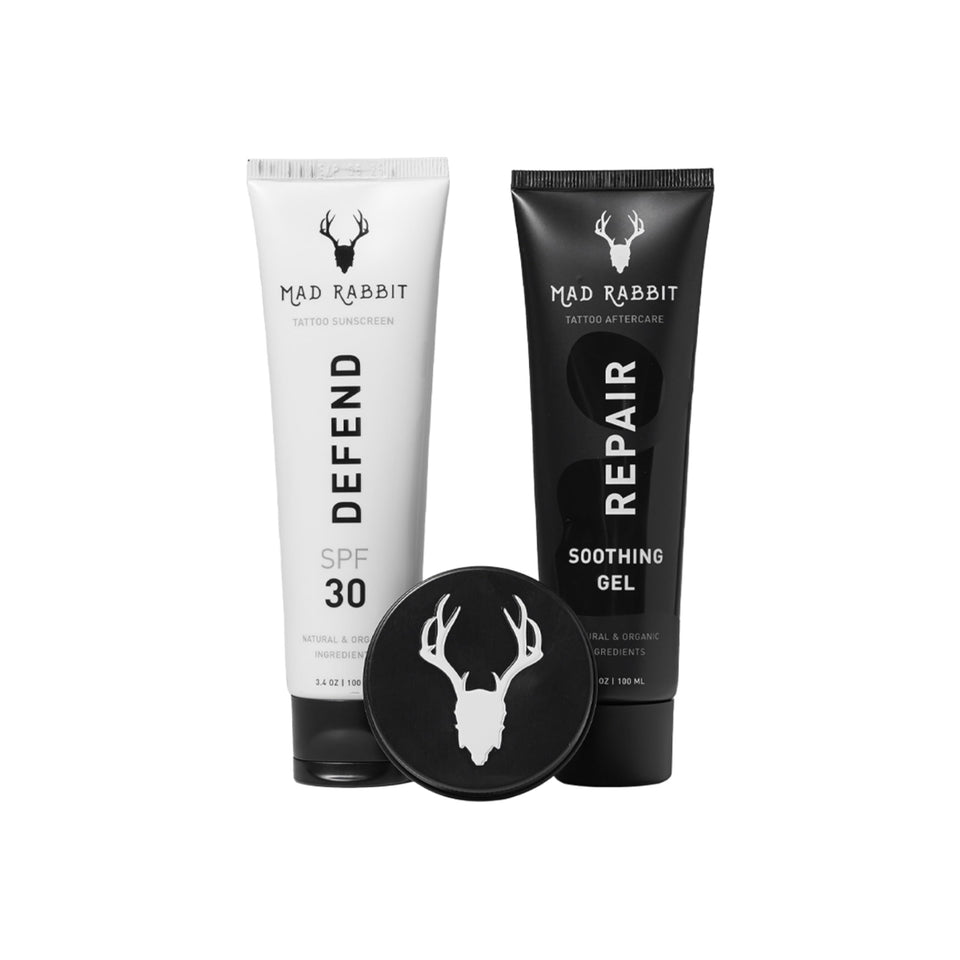 Mad Rabbit front packaging showing all three kit items and branding benefits