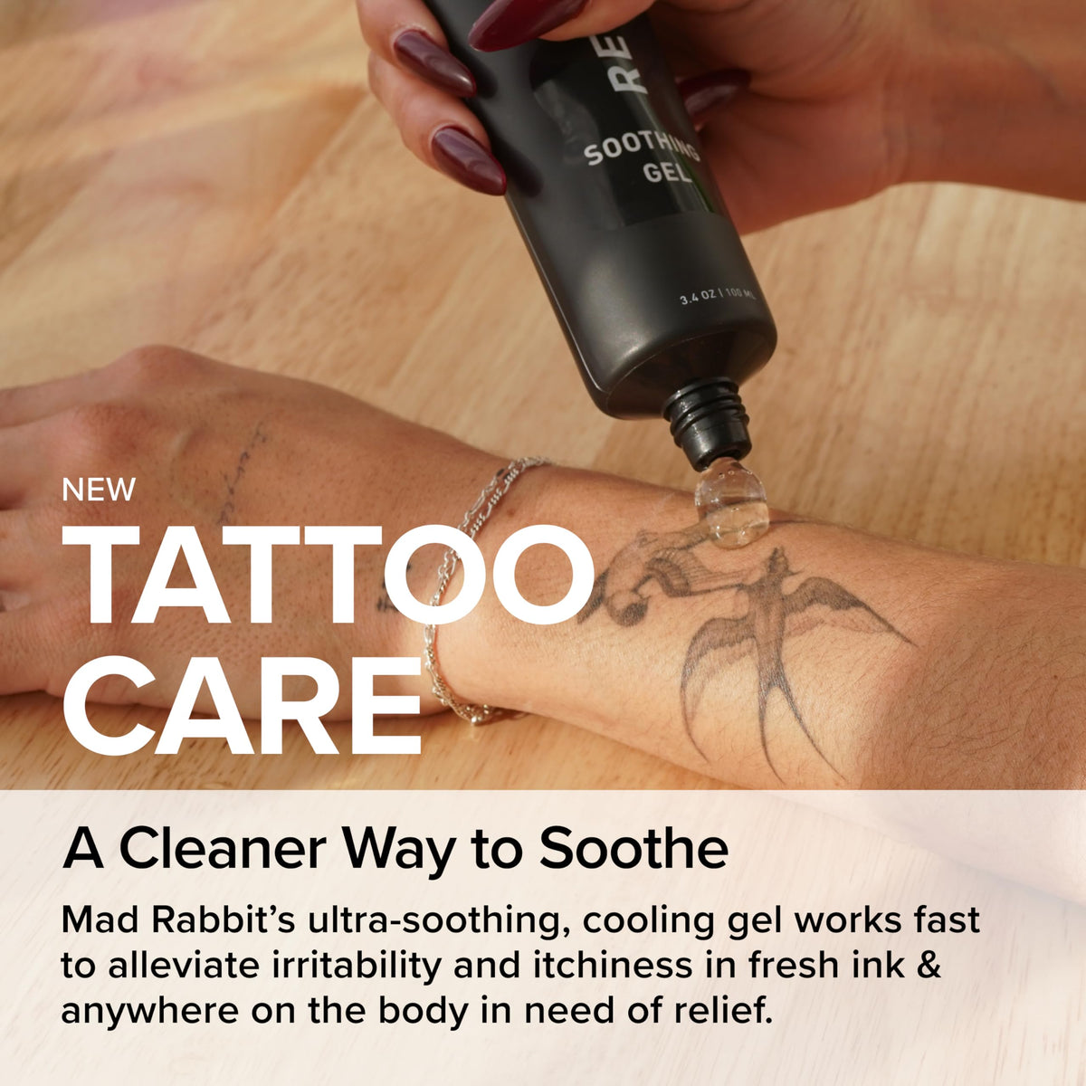 Mad Rabbit gel being applied to skin illustrating easy absorption and itch relief