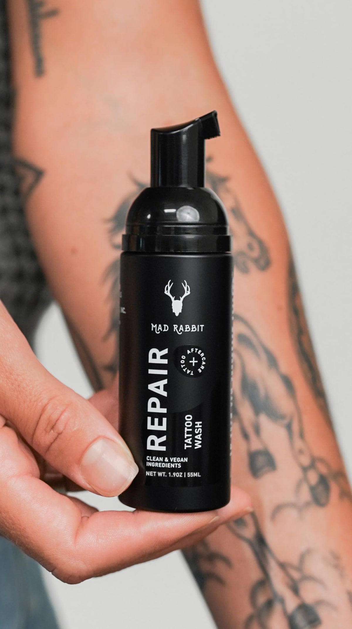 Mad Rabbit used to wash a fresh tattoo supporting hygiene