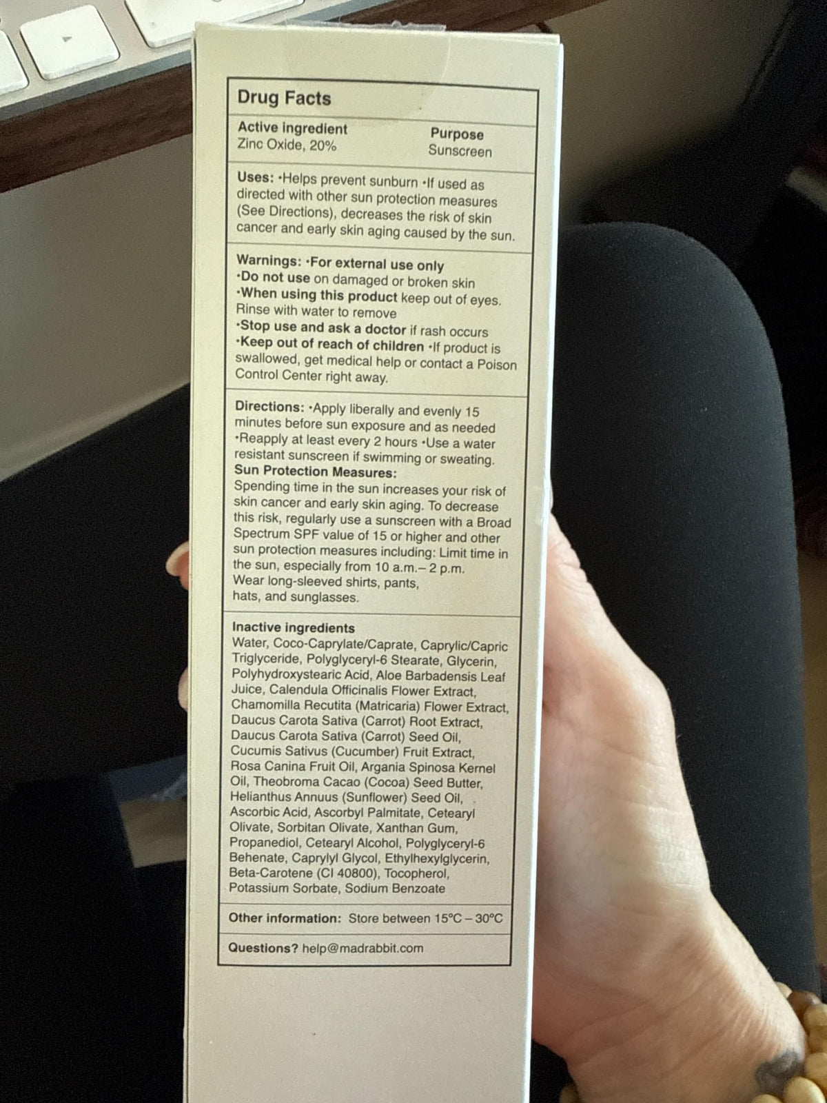 Mad Rabbit ingredients list closeup showing antioxidants and moisturizing benefits