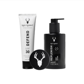 Mad Rabbit kit front packaging showing three-piece tattoo care set benefits
