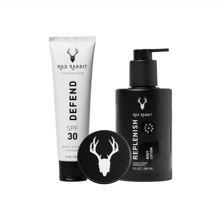 Mad Rabbit kit front packaging showing three-piece tattoo care set benefits
