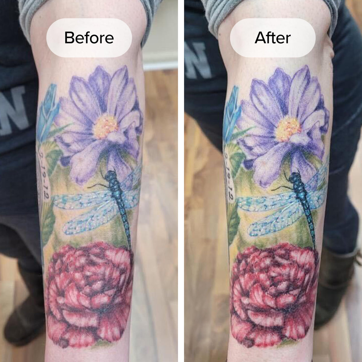 Mad Rabbit before and after tattoo detail illustrating improved color vibrancy