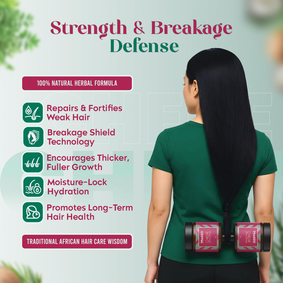 Madani Naturals Chebe and rosemary display highlighting natural ingredients and nourishment