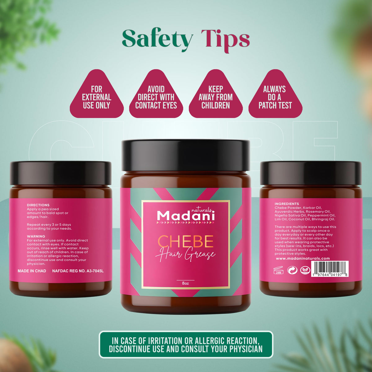 Madani Naturals label close-up showing ingredient list for transparency and trust
