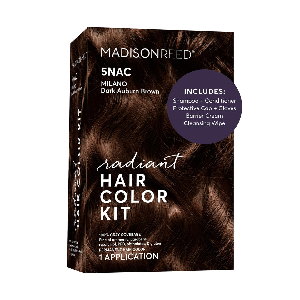 Madison Reed front packaging showing Milano Brown shade and benefits