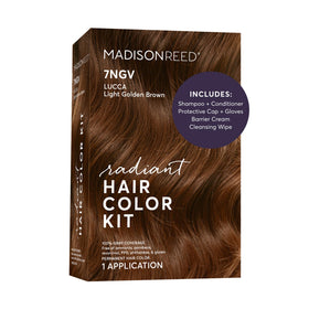 Madison Reed front packaging showing 7NGV Lucca Brown and kit benefits