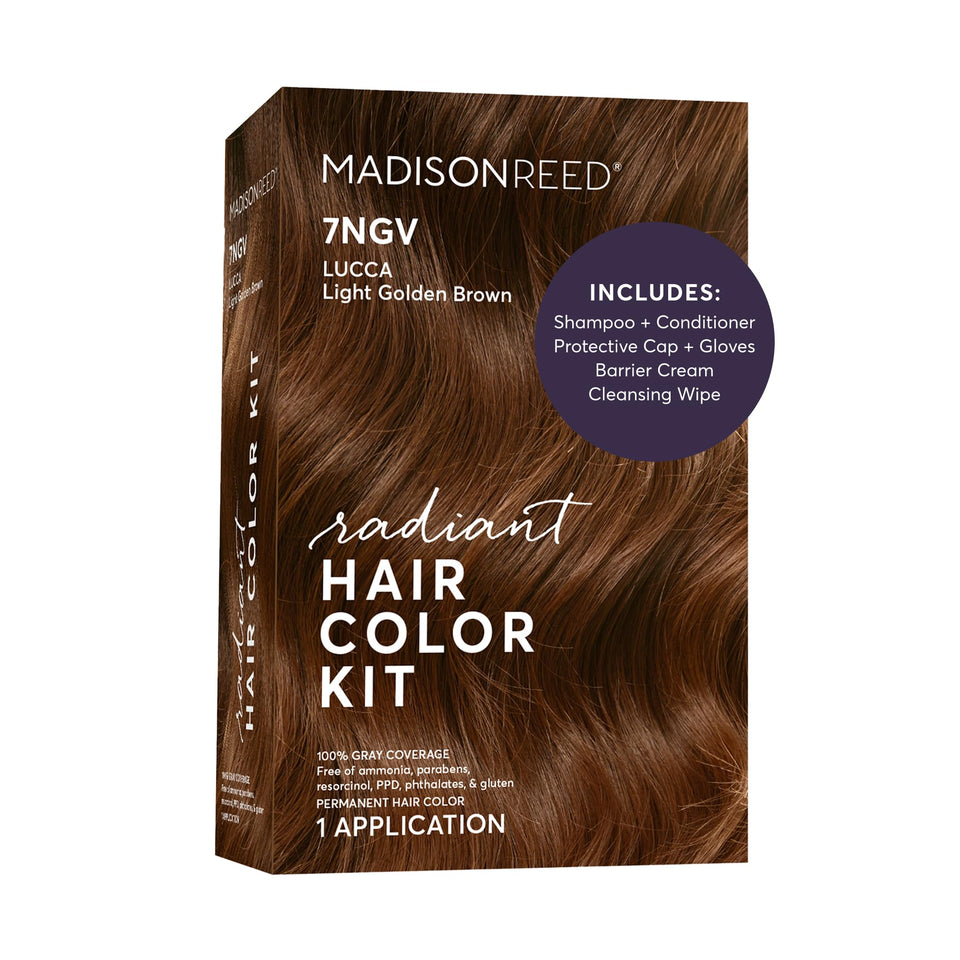 Madison Reed front packaging showing 7NGV Lucca Brown and kit benefits