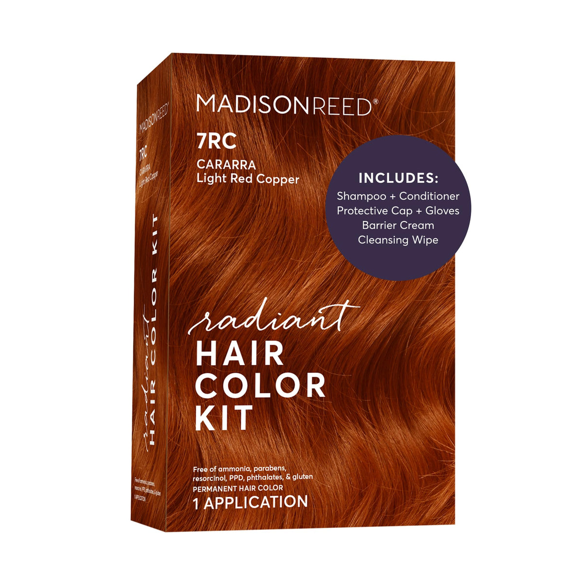 Madison Reed front packaging showing 7RC light ginger red color and kit contents benefit vibrant shade