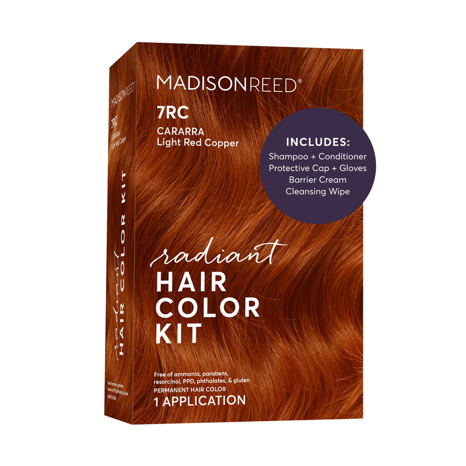 Madison Reed front packaging showing 7RC light ginger red color and kit contents benefit vibrant shade
