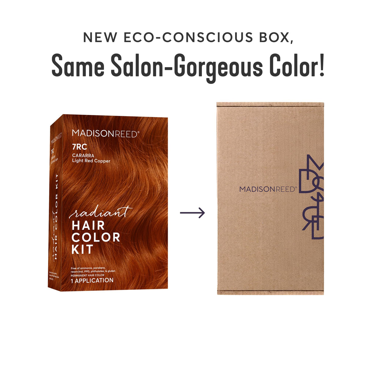 Madison Reed model with copper hair in lifestyle setting showing bold color and natural-looking shine benefit