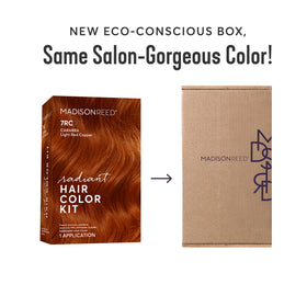 Madison Reed model with copper hair in lifestyle setting showing bold color and natural-looking shine benefit