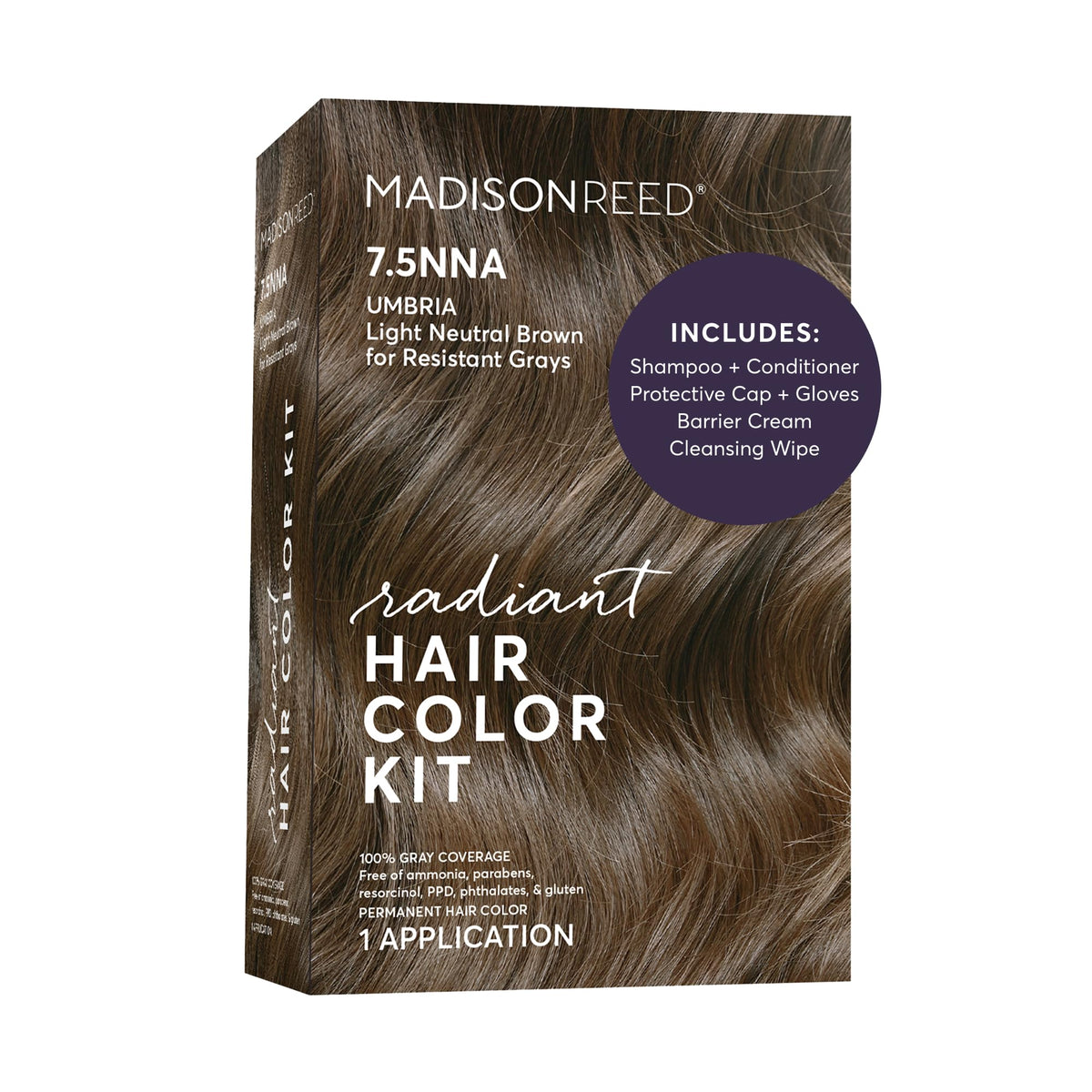 Madison Reed box front showing 7.5NNA Umbria Brown and clear benefits