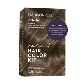 Madison Reed box front showing 7.5NNA Umbria Brown and clear benefits