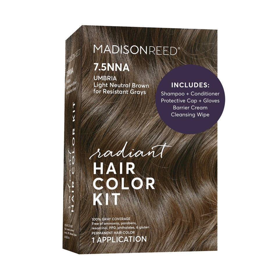 Madison Reed box front showing 7.5NNA Umbria Brown and clear benefits