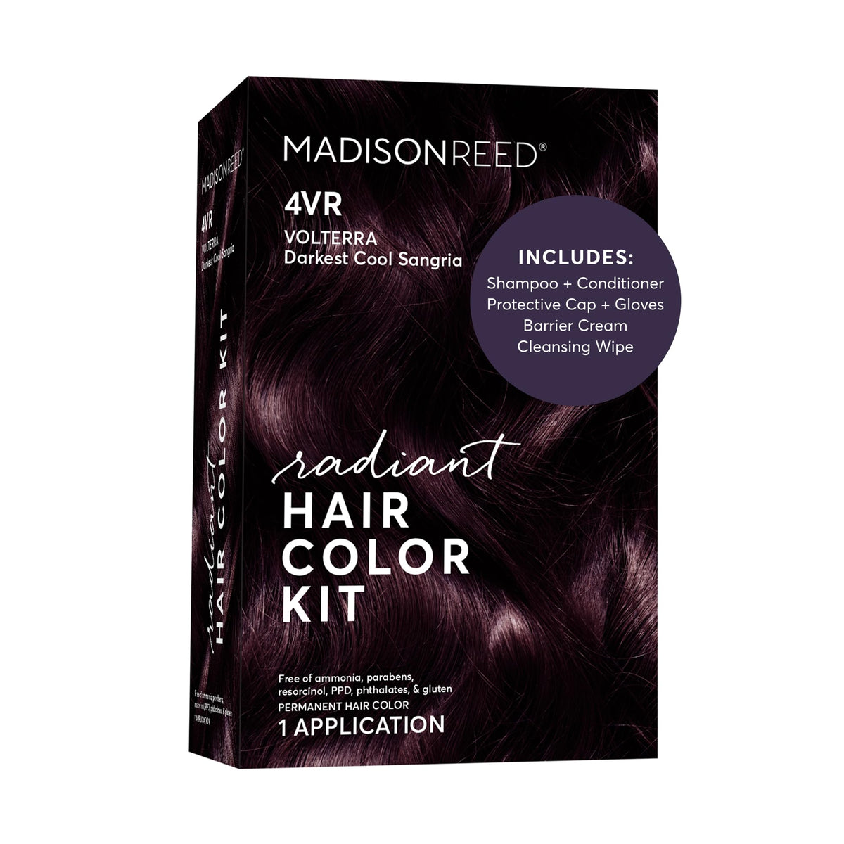 Madison Reed front packaging of 4VR showing bold violet-red shade and benefits