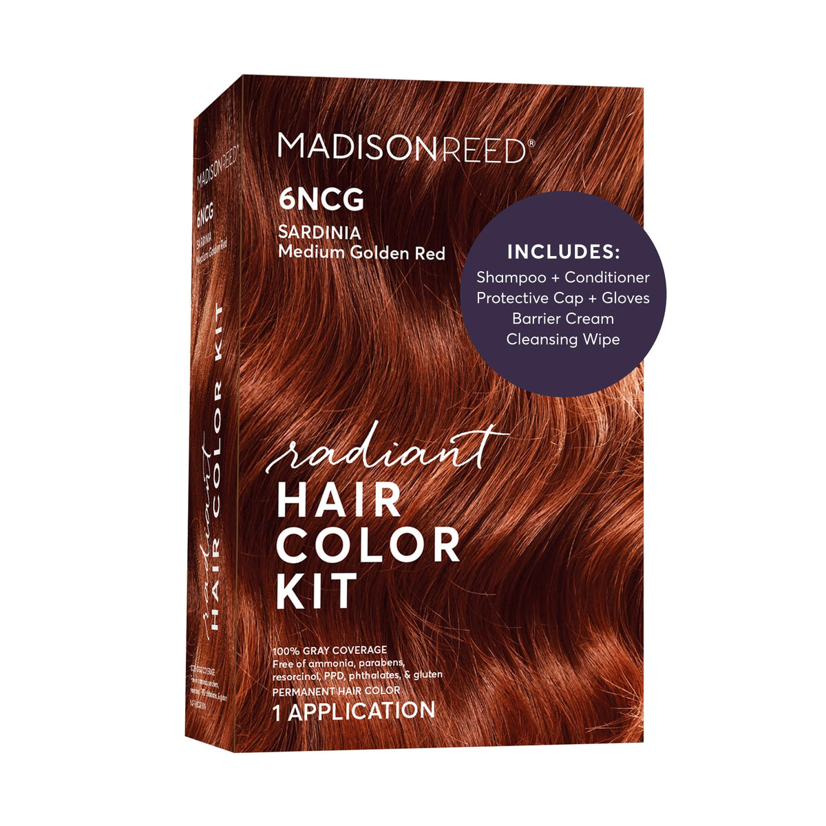 Madison Reed front packaging showing shade 6NCG Sardinia Red and benefits