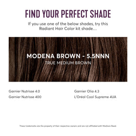 Madison Reed finished styled hair backlit to show shiny, healthy-looking Modena Brown