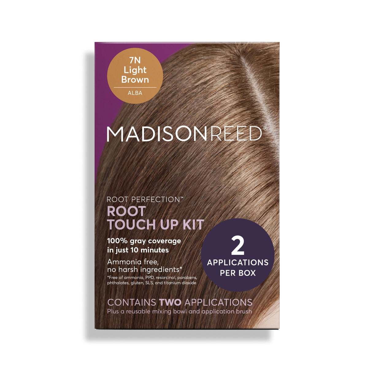 Madison Reed box front showing product name and shade 7N Alba benefits