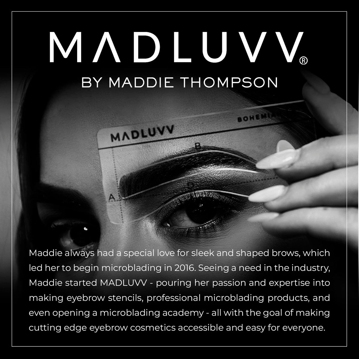 MADLUVV label close-up highlighting product name, shade Soft Brown, and hypoallergenic claim
