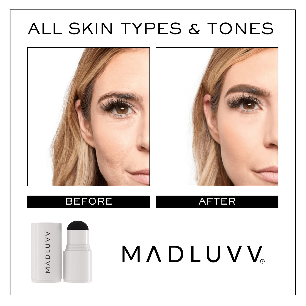MADLUVV being stamped onto eyebrow to create fuller, defined brows quickly