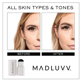 MADLUVV being stamped onto eyebrow to create fuller, defined brows quickly