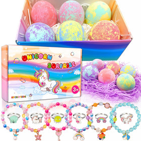 MADO front packaging showing colorful unicorn bath bombs and scent variety