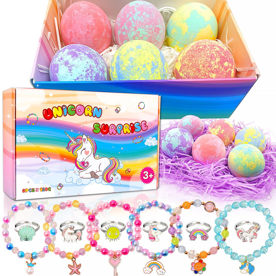 MADO front packaging showing colorful unicorn bath bombs and scent variety