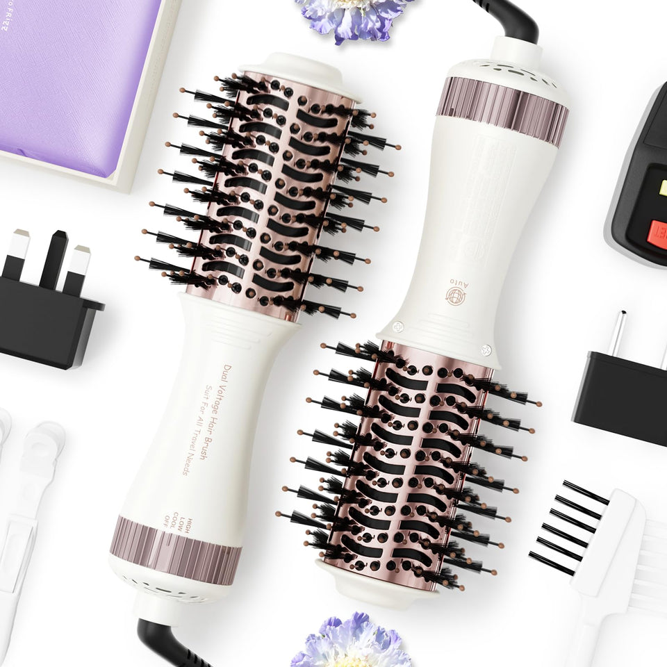 Madremía front view of compact 4-in-1 brush showing controls and sleek body for travel convenience