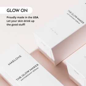 MAELOVE Glow Maker before and after flatlay suggesting improved radiance